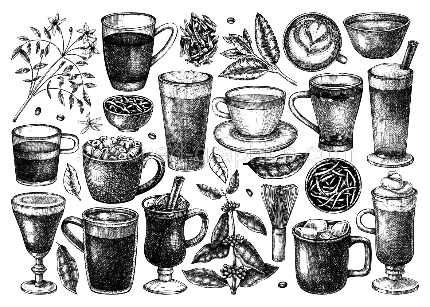 Bar menu design elements. Vector collection hot drinks drawings set. Hand-sketched tea, mulled wine, coffee, hot chocolate and ingredients illustrations. Popular beverages for brands, menu, packaging Illustration